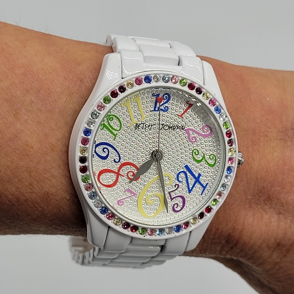 Betsey Johnson White Rainbow Crystal Bezel Watch BJ4200 Rose Crown